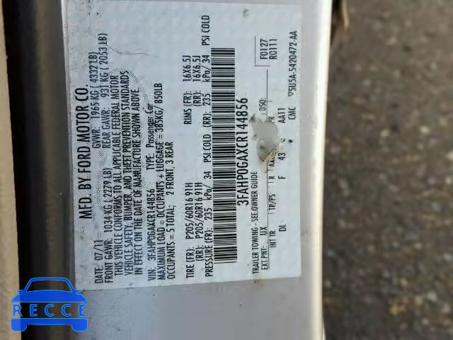 2012 FORD FUSION S 3FAHP0GAXCR144856 зображення 9