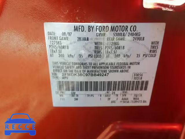 2007 FORD EDGE SEL 2FMDK38C97BB49247 image 9