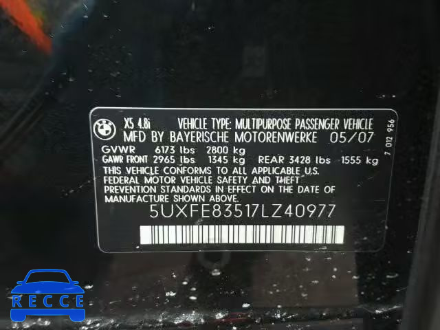 2007 BMW X5 4.8I 5UXFE83517LZ40977 image 9
