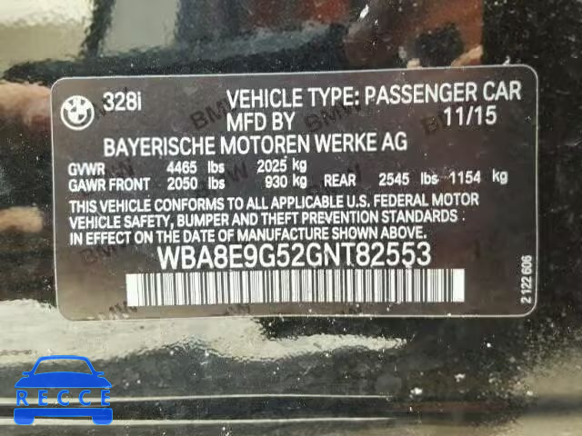 2016 BMW 328I SULEV WBA8E9G52GNT82553 зображення 9
