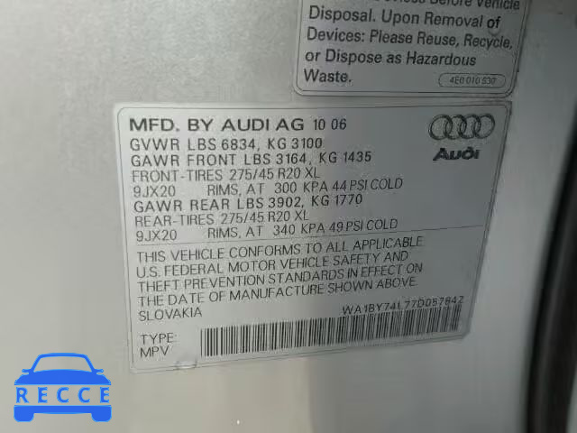 2007 AUDI Q7 3.6 QUA WA1BY74L77D057842 image 9