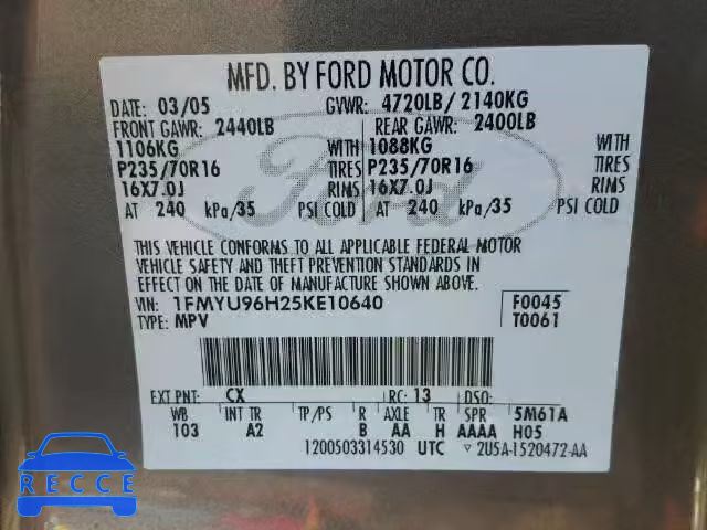 2005 FORD ESCAPE HEV 1FMYU96H25KE10640 зображення 9