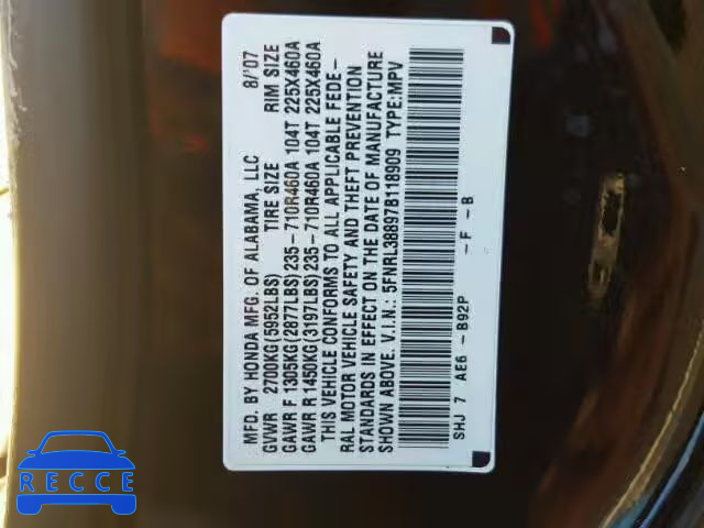 2007 HONDA ODYSSEY TO 5FNRL38897B118909 image 9