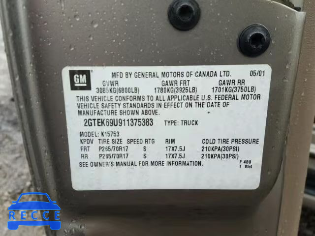 2001 GMC SIERRA K15 2GTEK69U911375383 Bild 9