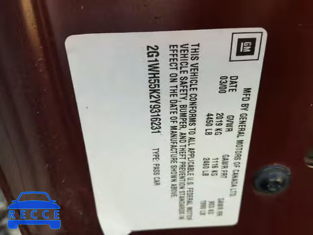2000 CHEVROLET IMPALA LS 2G1WH55K2Y9316231 image 9