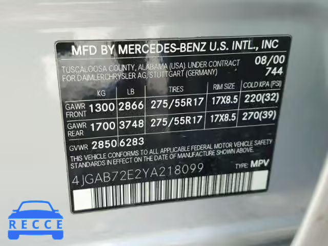 2000 MERCEDES-BENZ ML430 4JGAB72E2YA218099 image 9