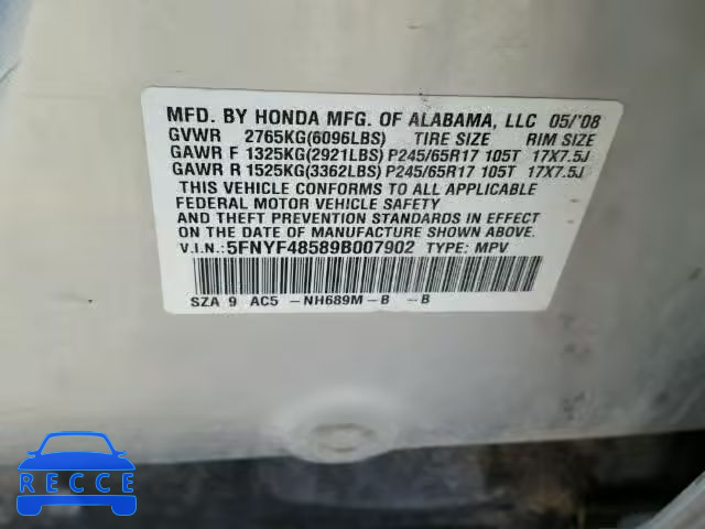 2009 HONDA PILOT EXL 5FNYF48589B007902 image 9
