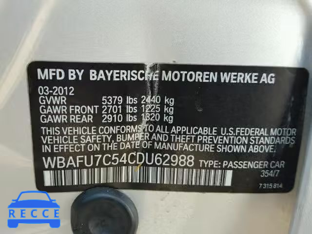 2012 BMW 535XI WBAFU7C54CDU62988 зображення 9