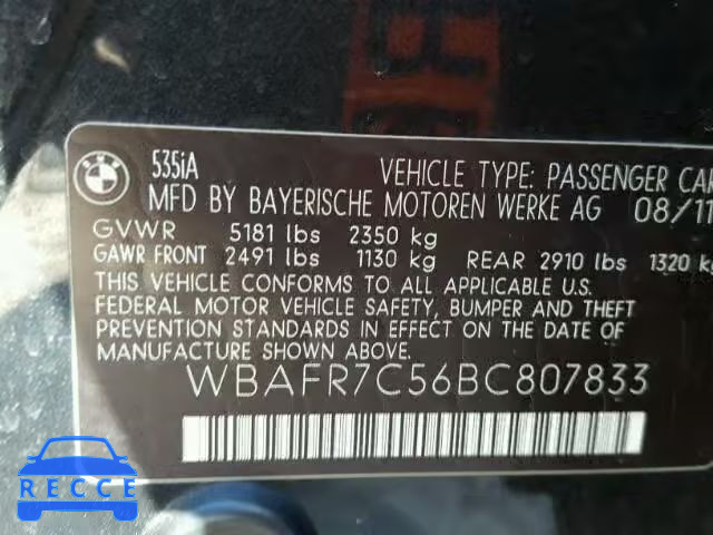 2011 BMW 535I WBAFR7C56BC807833 зображення 9