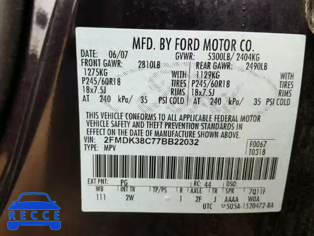 2007 FORD EDGE SEL 2FMDK38C77BB22032 зображення 9