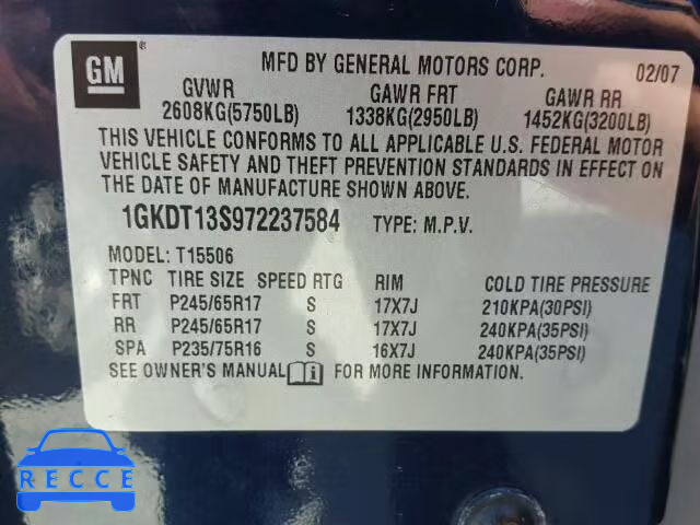 2007 GMC ENVOY 1GKDT13S972237584 image 9