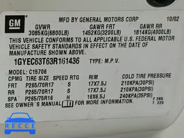2003 CADILLAC ESCALADE L 1GYEC63T63R161436 image 9