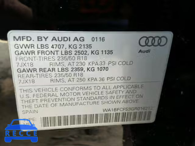 2016 AUDI Q3 2.0T PR WA1BFCFS3GR016212 image 9