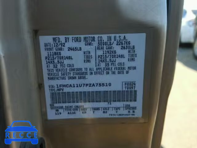 1993 FORD AEROSTAR 1FMCA11U7PZA75510 image 9