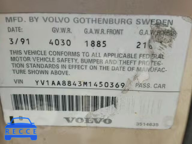 1991 VOLVO 240 YV1AA8843M1450369 image 9