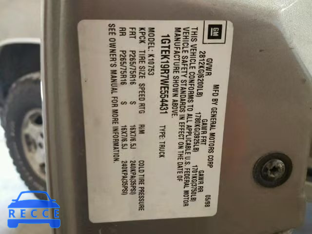 1998 GMC SIERRA K15 1GTEK19R7WE554431 image 9