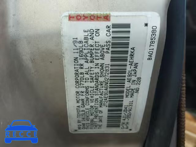 1992 TOYOTA COROLLA JT2AE91A6N0272831 image 9