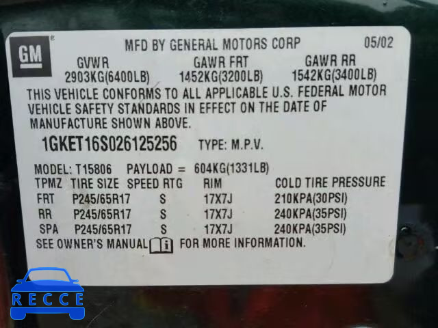 2002 GMC ENVOY XL 1GKET16S026125256 image 9