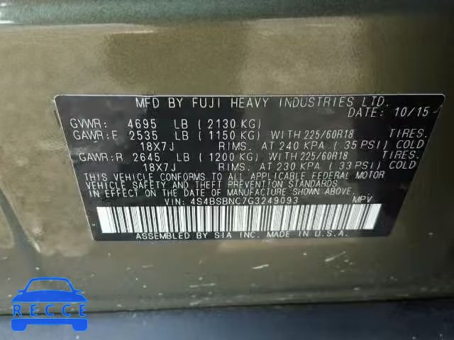 2016 SUBARU OUTBACK 2. 4S4BSBNC7G3249093 image 9
