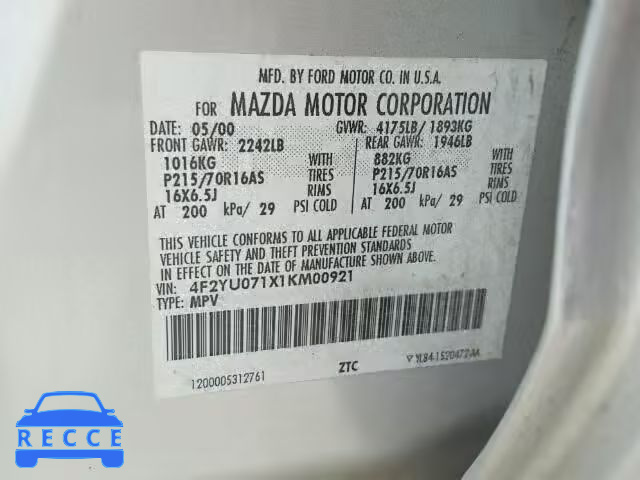 2001 MAZDA TRIBUTE DX 4F2YU071X1KM00921 image 9