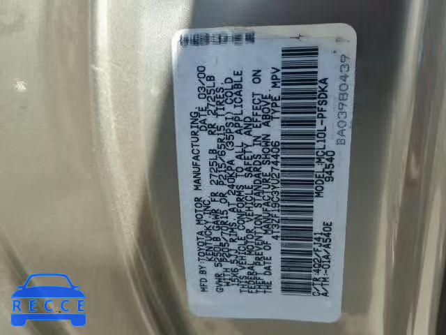 2000 TOYOTA SIENNA CE 4T3ZF19C3YU274406 image 9