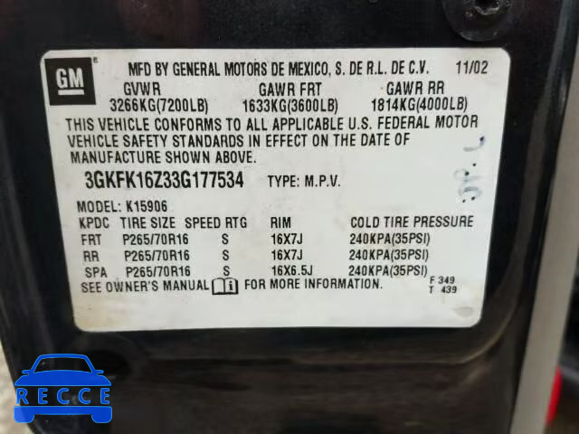 2003 GMC YUKON XL K 3GKFK16Z33G177534 image 9