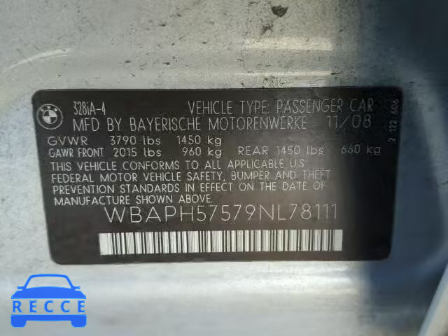 2009 BMW 328I SULEV WBAPH57579NL78111 зображення 9