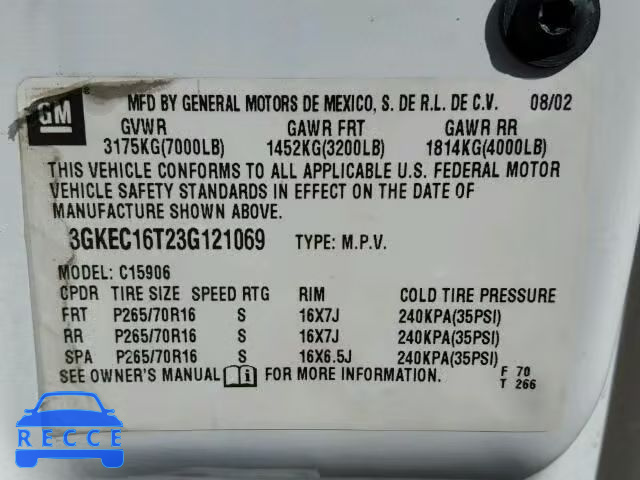 2003 GMC YUKON XL C 3GKEC16T23G121069 зображення 9