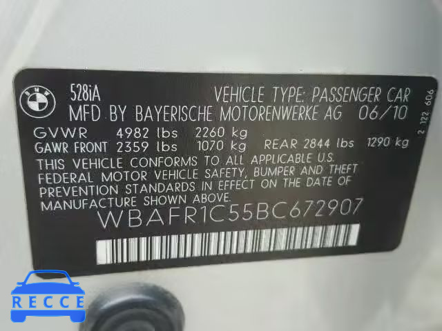 2011 BMW 528I WBAFR1C55BC672907 зображення 9