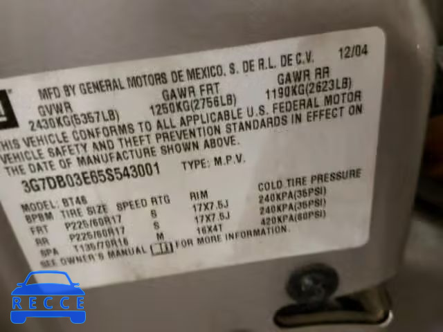 2005 PONTIAC AZTEK 3G7DB03E65S543001 image 9