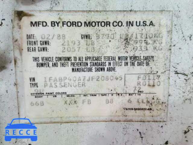 1988 FORD MUSTANG LX 1FABP40A7JF208045 image 9