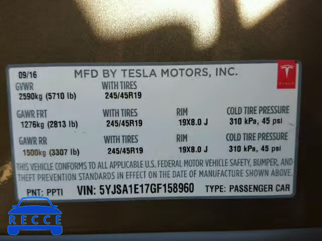 2016 TESLA MODEL S 5YJSA1E17GF158960 зображення 9