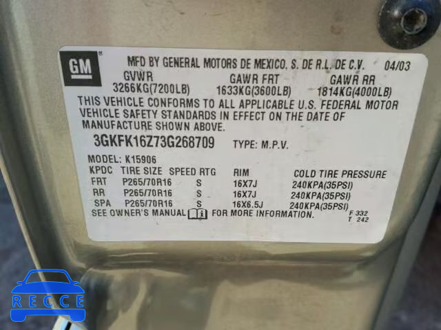 2003 GMC YUKON XL K 3GKFK16Z73G268709 image 9