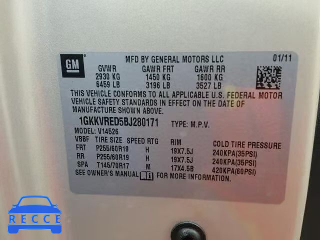 2011 GMC ACADIA SLT 1GKKVRED5BJ280171 image 9