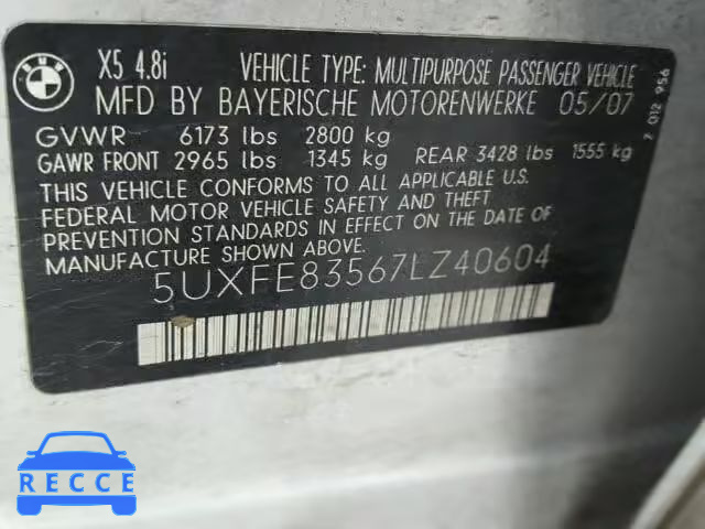 2007 BMW X5 4.8I 5UXFE83567LZ40604 image 9
