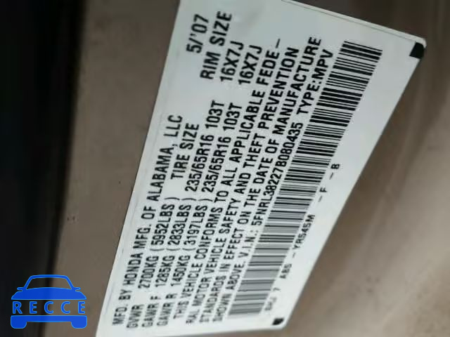 2007 HONDA ODYSSEY LX 5FNRL38227B080435 image 9
