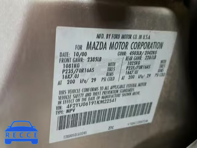 2001 MAZDA TRIBUTE DX 4F2YU06191KM22541 зображення 9