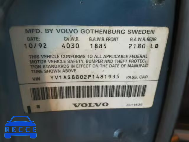 1993 VOLVO 240 YV1AS8802P1481935 image 9