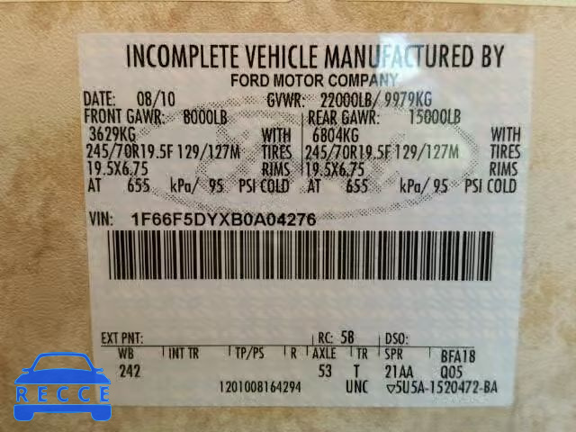 2011 FORD MOTORHOME 1F66F5DYXB0A04276 image 9