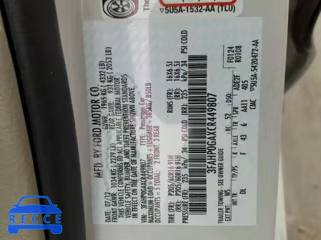 2012 FORD FUSION S 3FAHP0GAXCR449807 Bild 9