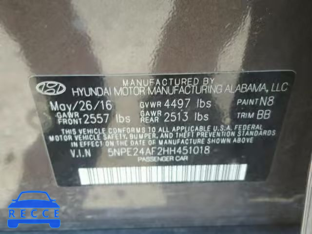 2017 HYUNDAI SONATA SE 5NPE24AF2HH451018 image 9