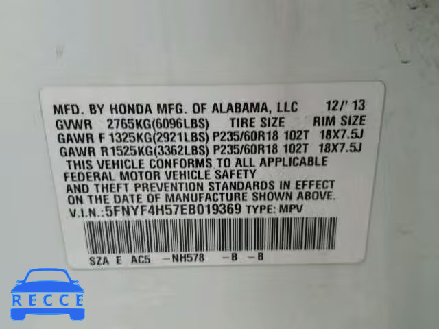 2014 HONDA PILOT EXL 5FNYF4H57EB019369 image 9