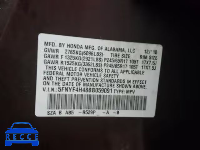 2011 HONDA PILOT EX 5FNYF4H48BB059091 image 9