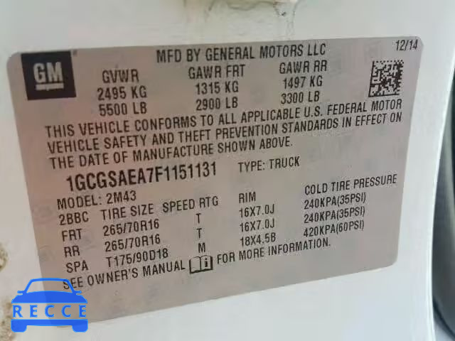 2015 CHEVROLET COLORADO 1GCGSAEA7F1151131 зображення 9