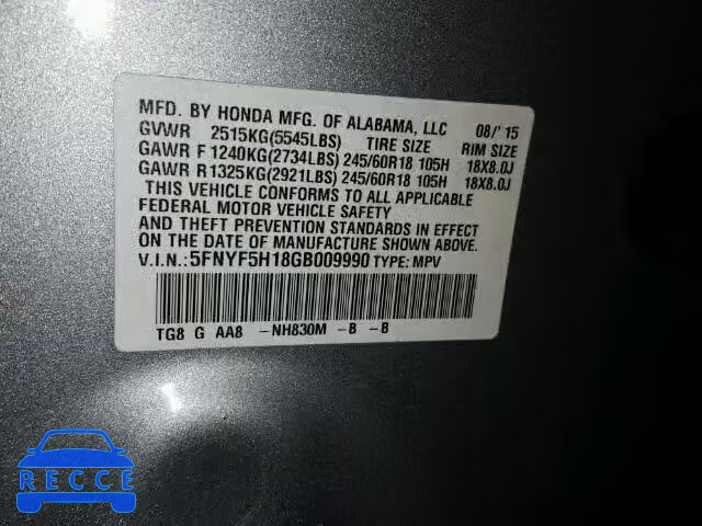 2016 HONDA PILOT LX 5FNYF5H18GB009990 image 9