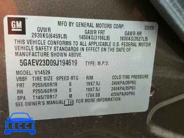 2009 BUICK ENCLAVE CX 5GAEV23D09J194619 image 9