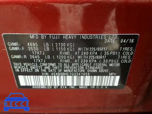 2016 SUBARU OUTBACK 2. 4S4BSBHC7G3341459 image 9