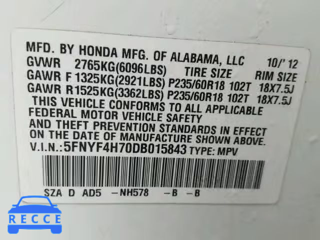 2013 HONDA PILOT EXLN 5FNYF4H70DB015843 image 9