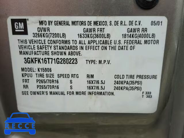 2001 GMC YUKON XL K 3GKFK16T71G280223 image 9