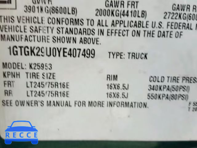 2000 GMC SIERRA K25 1GTGK29U0YE407499 image 9